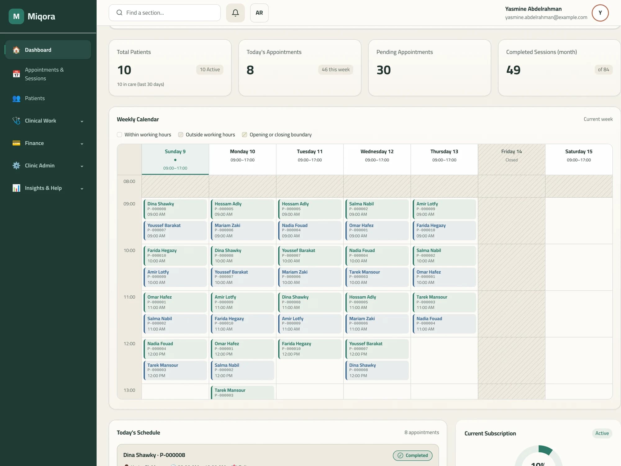 Clinic dashboard